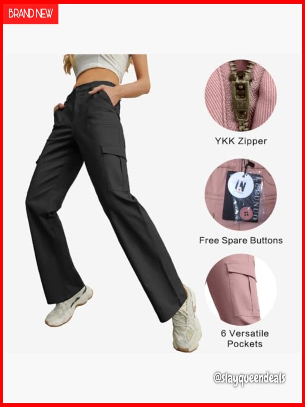 High Waisted Cargo Pants with 6 Pockets Baggy Wide Leg Streetwear - Picture 4 of 6